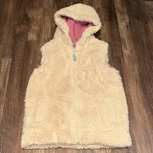 Mini Boden Sherpa Vest Girls Size 7/8 Years Tan Hooded Full Zip Cozy Boho